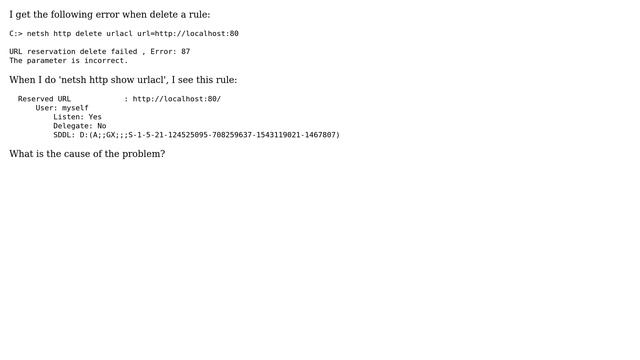 "URL reservation delete failed , Error: 87" when I 'netsh http delete' смотреть онлайн