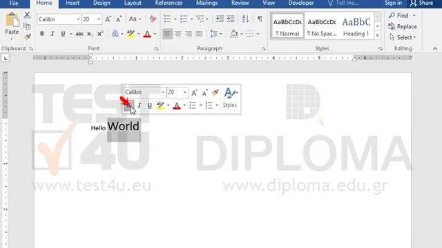 Insert the phrase Hello World in the document already open. The word World should be written in... смотреть онлайн
