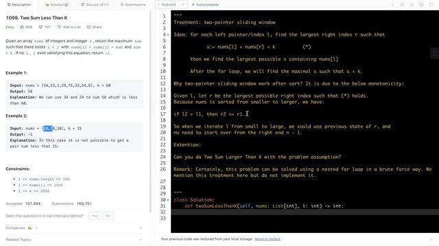 leetcode 1099. Two Sum Less Than K - two-pointer sliding window смотреть онлайн