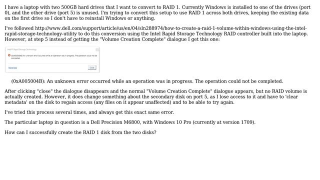Error 0xA005004B when trying to convert to RAID 1 with Intel Rapid Storage Technology смотреть онлайн