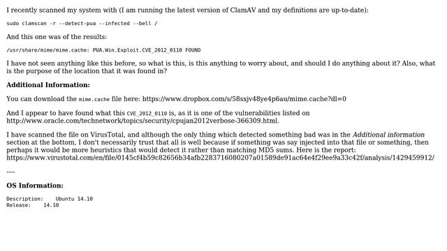 Ubuntu: ClamAV: PUA.Win.Exploit.CVE_2012_0110 FOUND (/usr/share/mime/mime.cache) (2 Solutions!!) смотреть онлайн
