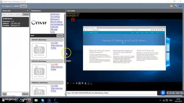 Multiple channels mode. DeskCamera streams PC desktop and webcam as Onvif. смотреть онлайн