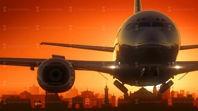 Omsk Russia Airplane Take Off Skyline Golden Background смотреть онлайн