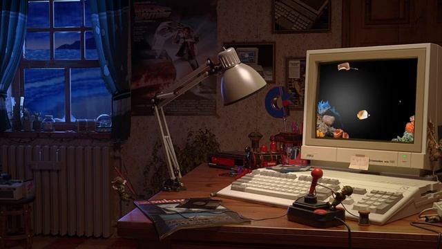 Nostalgia Computer With Classic Retro Old Windows Screensavers On A Rainy Beach Night Relax