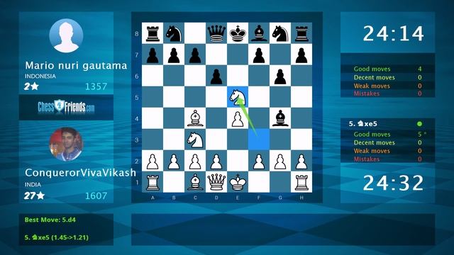 Chess Game Analysis: ConquerorVivaVikash - Mario nuri gautama : 1-0 (By ChessFriends.com) смотреть онлайн