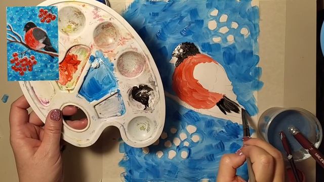 Мастер-класс по рисованию. Символ русской зимы или Снегирь на ветке рябины . смотреть онлайн