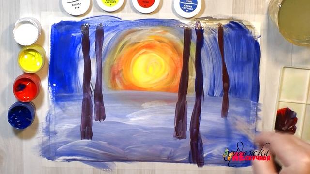 Как нарисовать зимний пейзаж. Гуашь. смотреть онлайн