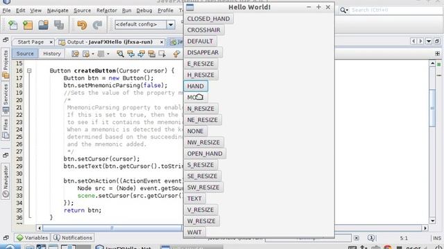 JavaFX example, setCursor() and getCursor() смотреть онлайн