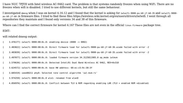 Ubuntu: System with Intel wireless AC-9462 freezes unless WiFi is diabled due to missing firmware смотреть онлайн