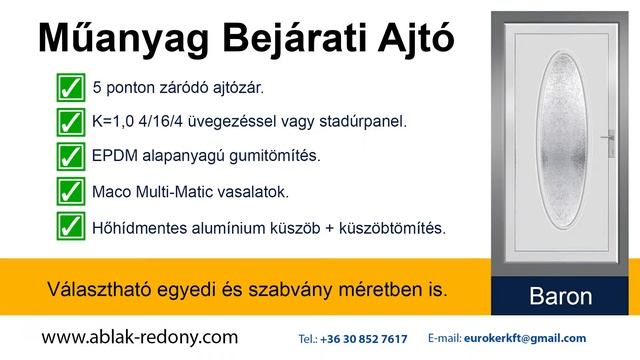 Műanyag Bejárati Ajtó, Díszpaneles, Baron /Tele üveges/ Műanyag bejárati ajtó 5 pontos zárral смотреть онлайн
