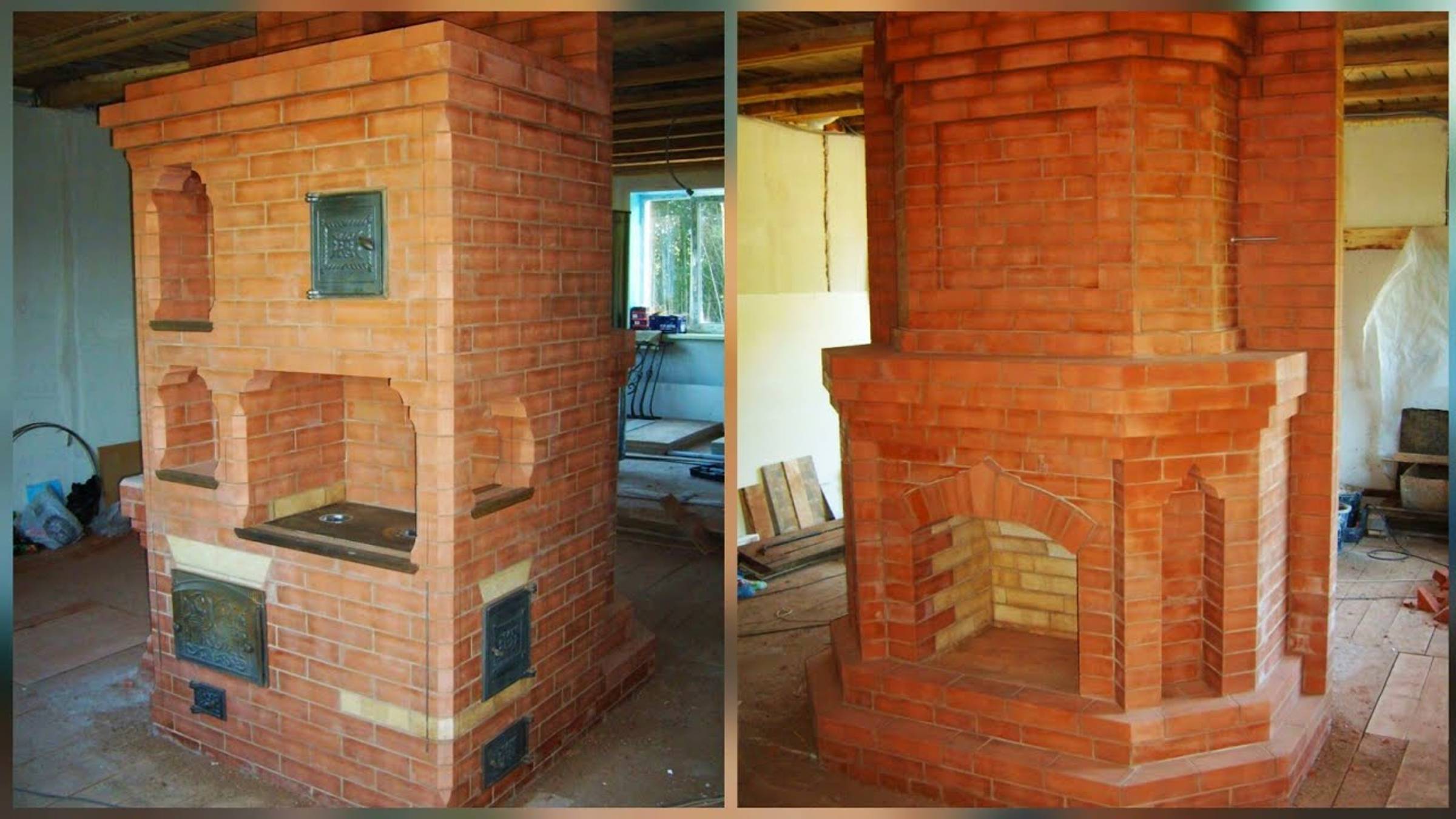 Отопительно варочная печь с камином , перевязка шамотного и красного кирпича 2021 смотреть онлайн