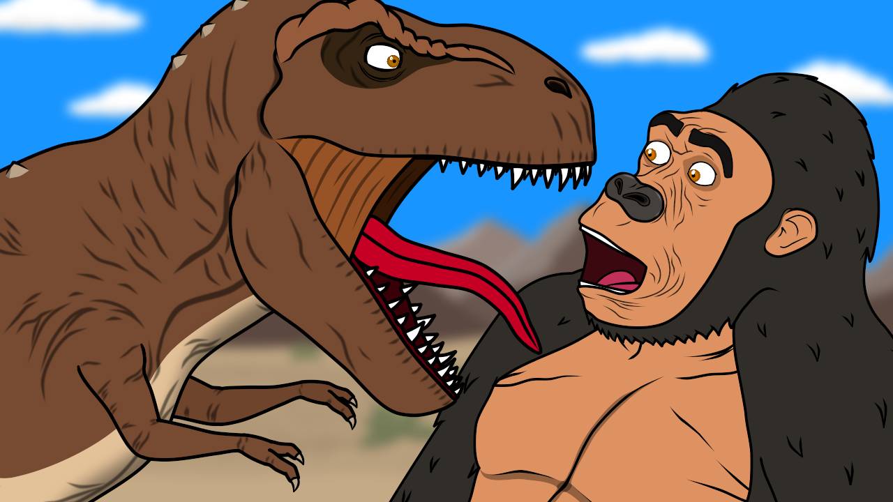 Мультик про большого тиранозавра, маленького динозавра-детёныша и сказочных доисторических обезьян смотреть онлайн