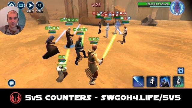 5v5 - Jedi Knight Luke vs CLS + Threepio & Chewie | SWGOH GAC JKL vs Commander Luke Rebels Counter смотреть онлайн
