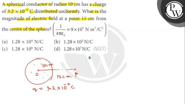 A spherical conductor of radius 10  cm has a charge of 3.2 × 10^-7C distributed uniformly. What i.. смотреть онлайн