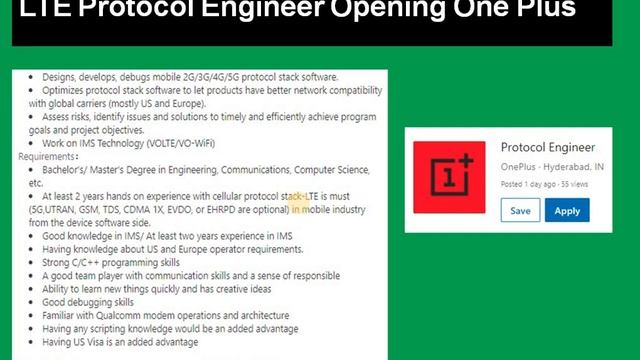 LTE Protocol Engineer Opening in OnePlus (Hyderabad) смотреть онлайн