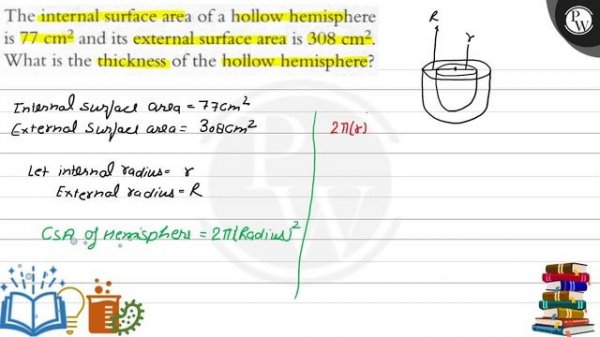The internal surface area of a hollow hemisphere is 77 cm^2 and its external surface area is 308..