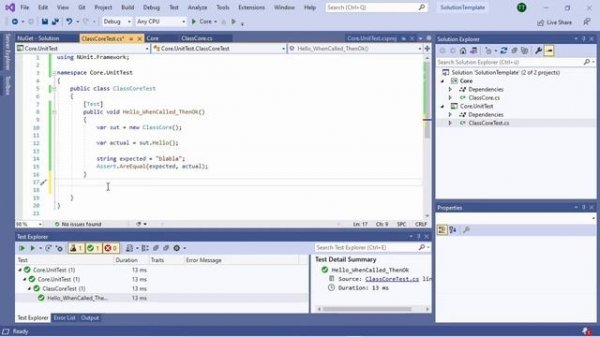 Solution Template Visual Studio 2019 for unit test NUnit