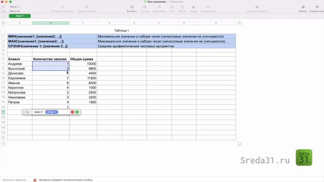Функции МИН, МАКС, СРЗНАЧ в таблицах Apple Numbers