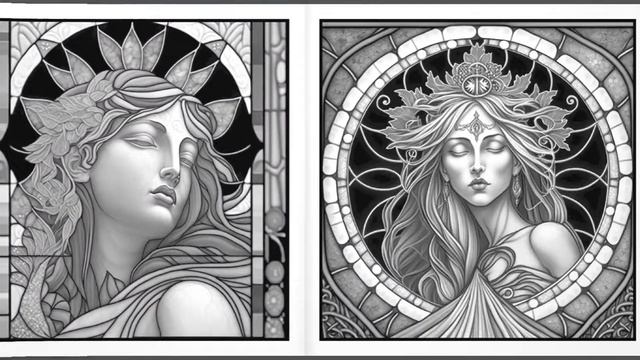 Goddess of Affection Stained Glass Windows - Grayscale Coloring Pages for Adults смотреть онлайн