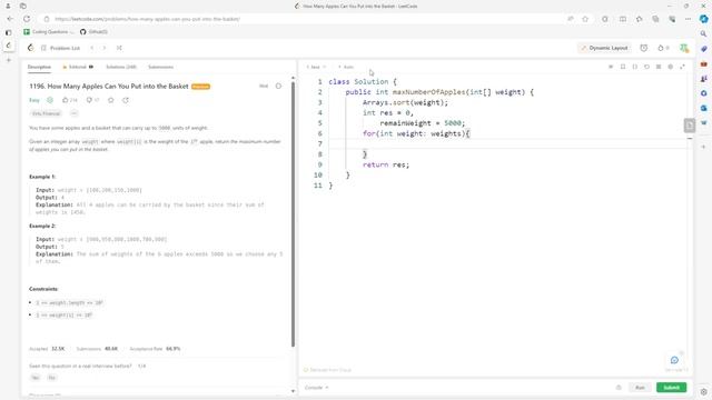 LeetCode 1196 | How Many Apples Can You Put into the Basket | Java смотреть онлайн