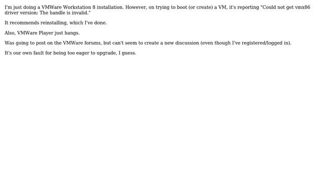 VMWare Workstation 8 reporting ""vmx86 driver version invalid handle" problem on booting VM смотреть онлайн