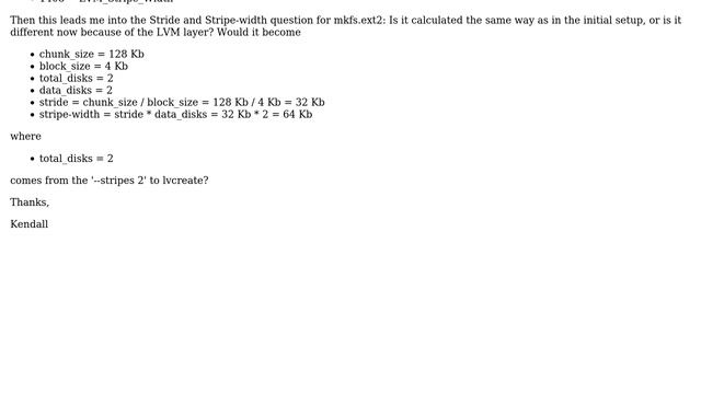 Optimizing ext2 filesystem for use on LVM + RAID device? Stride, stripe-width, LVM IO size... смотреть онлайн