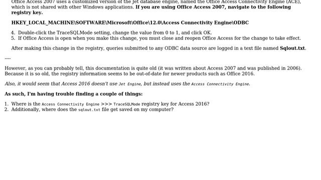 Databases: Trace ODBC commands: What is the registry path for TraceSQLMode and where is SQLOUT.TXT? смотреть онлайн