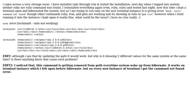 Unix & Linux: rails command getting removed from $PATH after resume from hibernet смотреть онлайн