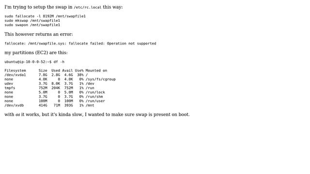 Ubuntu: Cannot add swap with fallocate on EC2 смотреть онлайн