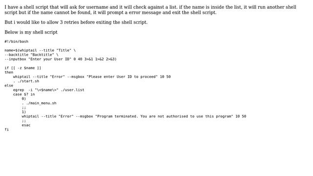How to allow a bash shell script to loop for 3 retries before exiting (prompt for... смотреть онлайн
