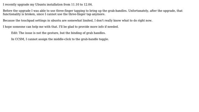 Ubuntu: Grab Handles by Three-Finger Tap not working after upgrade to 12.04 смотреть онлайн