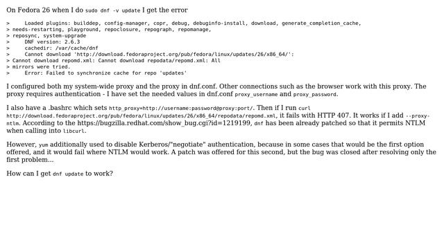 Fedora 26: dnf update not working behind proxy - failed to synchronize cache for repo 'updates' смотреть онлайн