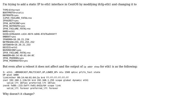 Changes in ifcfg-eth1 file does not affect, even after reboot смотреть онлайн
