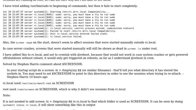 Unix & Linux: Screen session started from rc.local is not visible in screen -ls under root смотреть онлайн