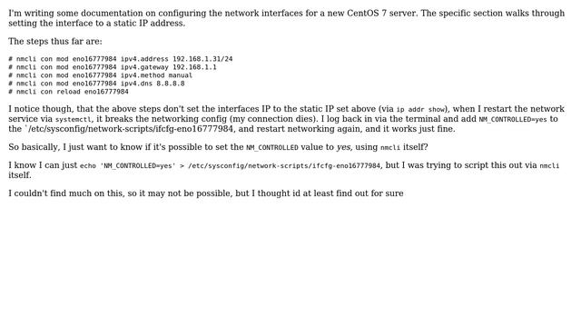 Unix & Linux: Setting interface NM_CONTROLLED to yes using nmcli in CentOS 7? смотреть онлайн