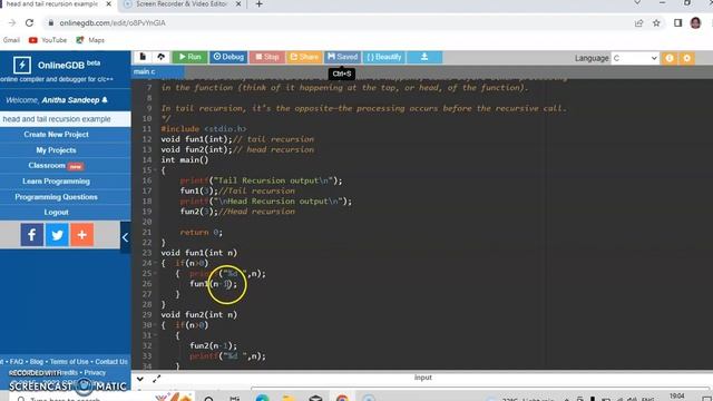 C Program To Describe Head And Tail Recursion