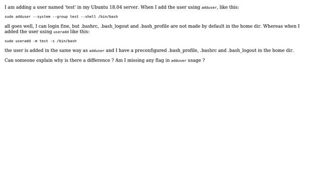 Ubuntu: .bashrc and .bash_profile not created with adduser but created with useradd смотреть онлайн