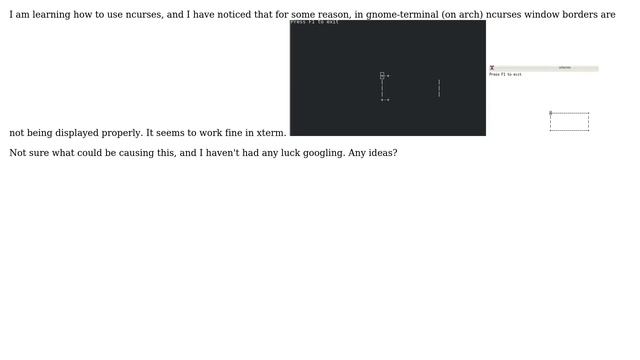 Unix & Linux: Ncurses not displaying window border correctly in gnome-terminal смотреть онлайн
