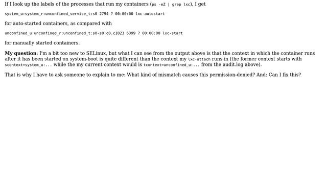 Cannot attach to auto-started LXC containers in (Fedora) SELinux смотреть онлайн