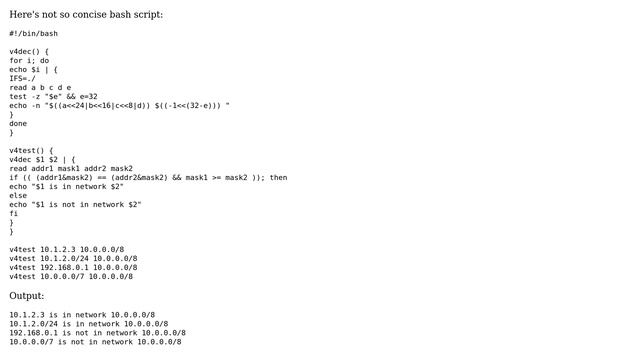 Unix & Linux: How do I check if an IP-address or a network is contained in other network in Bash? смотреть онлайн