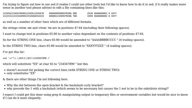 Unix & Linux: Use sed to edit characters 65-79 if string is present in earlier position смотреть онлайн
