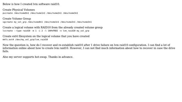 DevOps & SysAdmins: How to recover from drive failure on lvm software raid 10 in Linux? смотреть онлайн