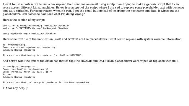 Using sed in BASH script: replace text with info from system variables (hostname and date) смотреть онлайн