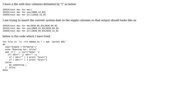 Unix & Linux: insert current date in a place of empty column (field) of a file (2 Solutions!!) смотреть онлайн