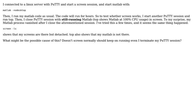 Why Matlab in screen in Linux on PuTTY terminates itself after closing PuTTY session? смотреть онлайн