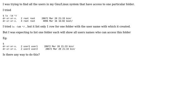 Unix & Linux: Gnu/Linux command to list all users who has access to one folder смотреть онлайн