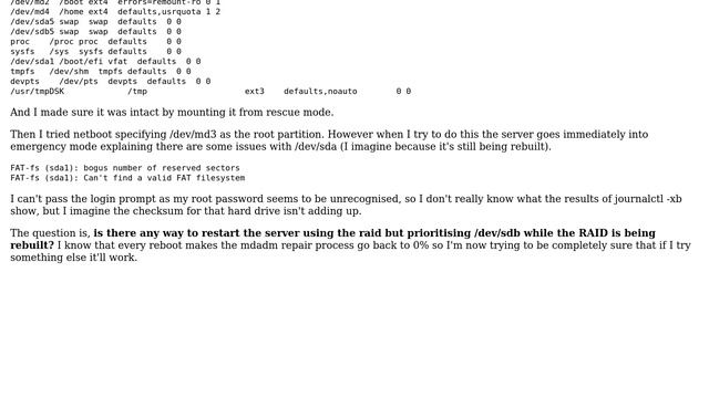 DevOps & SysAdmins: Is it possible to reboot server from /dev/sdb while RAID 1 rebuilds /dev/sda? смотреть онлайн