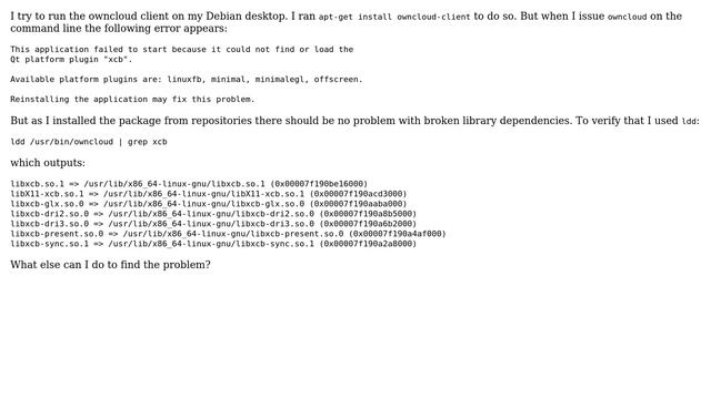 Owncloud fails to load Qt-Platform xcb смотреть онлайн