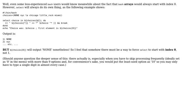Unix & Linux: How to force bash to start at index 0 with select output? смотреть онлайн
