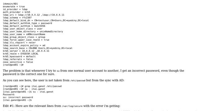 Linux-SSSD: always getting incorrect password when su'ing to domain users, but why? смотреть онлайн